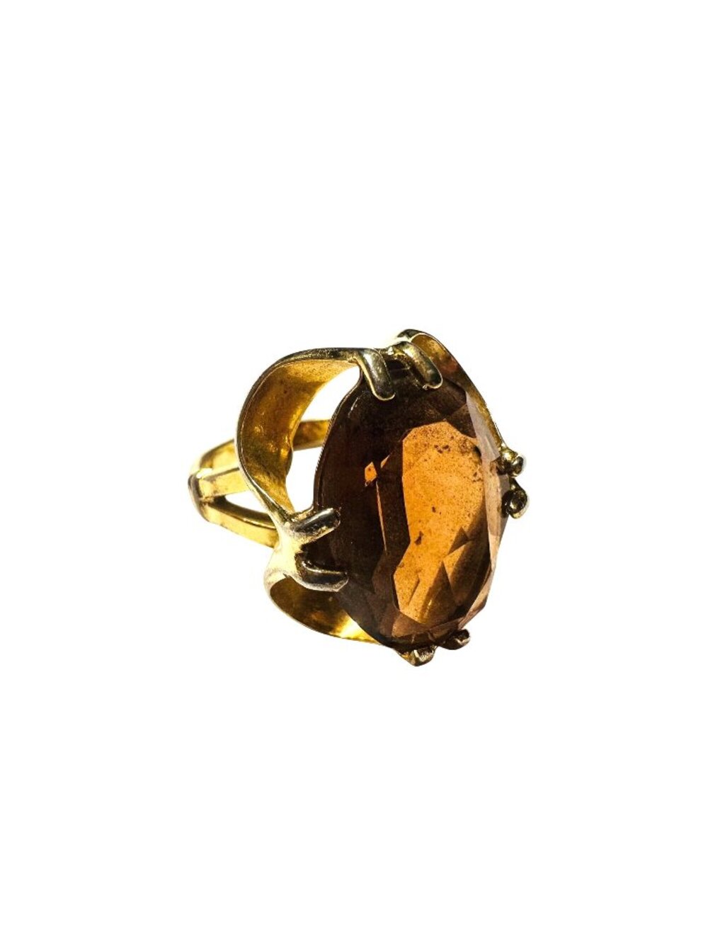 Vintage Gold Tone Ring With Large Amber Brown Faceted Stone Size 8.25 Signed CCI